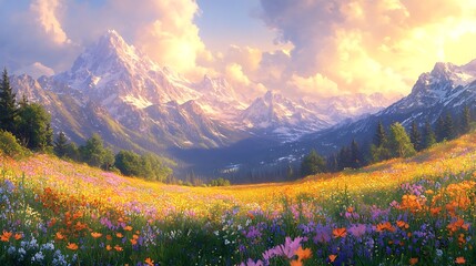 Scenic alpine meadow bathed in golden sunlight.