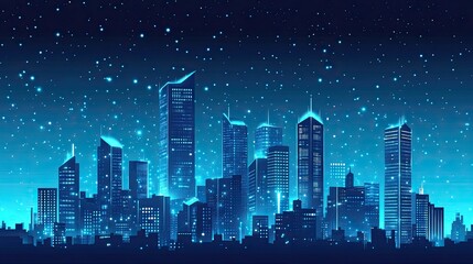 Fototapeta premium A vibrant city skyline illuminated by blue lights under a starry night sky, showcasing modern architecture and a sense of tranquility in the urban environment