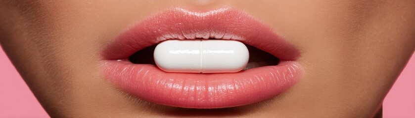 Obraz premium A close-up of lips holding a white pill against a pink background, highlighting themes of beauty and health.