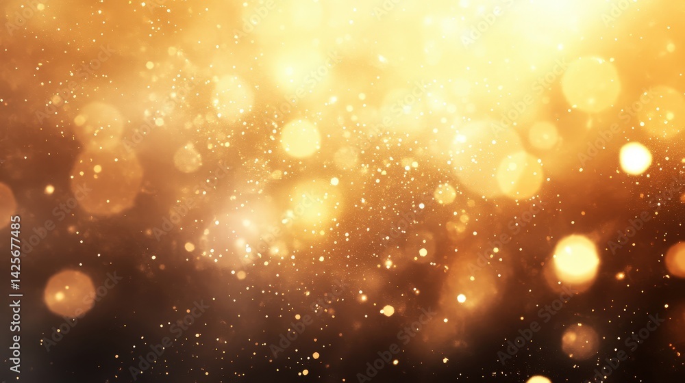 Poster a delicate golden bokeh mist with softly glowing particles floating in a dreamy haze