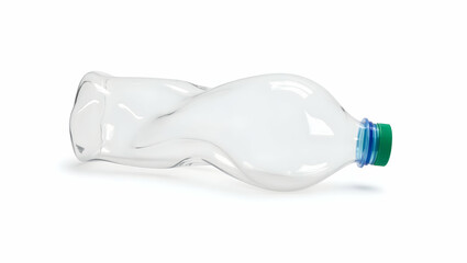 Net Zero - Plastic A crumpled clear plastic bottle with a blue-green cap, flattened and compressed, isolated on a white background. emphasizing the importance of recycling and waste reduction 