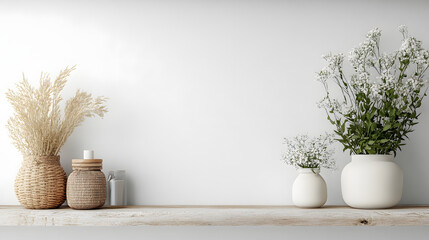 Fototapeta premium Elegant floral arrangements on a wooden shelf white background indoor decor minimalist style