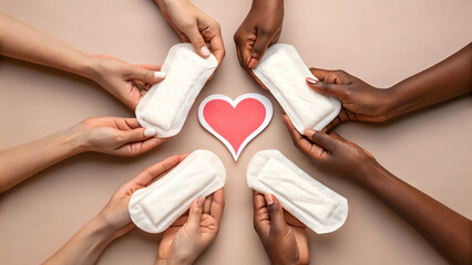 Menstrual Equity Period Hands holding sanitary pads around a heart symbol, promoting menstrual health awareness and community support.