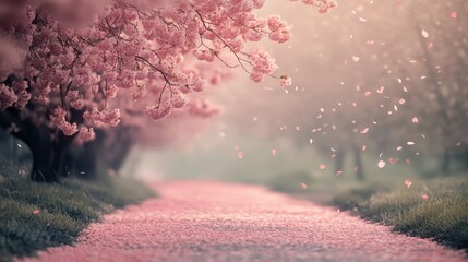 A delicate pink cherry blossom tree in full bloom, its petals gently falling onto a serene pathway