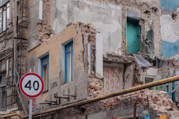 Partially demolished and destroyed building