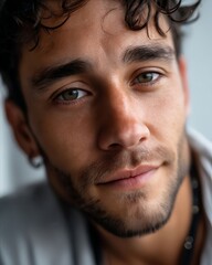 Obraz premium A close up of a man with curly hair and a beard
