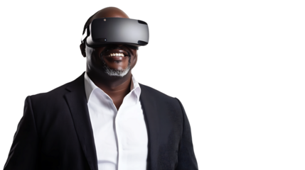 Black businessman smiling portrait, working in VR glasses headset, Concept of digital world and metaverse, isolated on a transparent background
