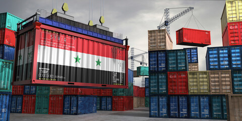 Cargo container with flag of Syria lifted by crane at freight terminal - 3D illustration