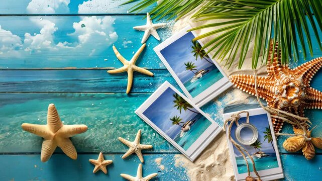 Tropical decorations highlight a serene beach atmosphere with shells and vibrant prints, perfect for savoring coastal beauty