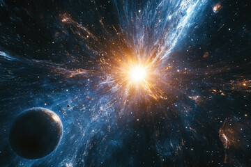 Fototapeta premium A vibrant cosmic explosion, radiating energy and light, with planets scattered across a star-filled expanse.