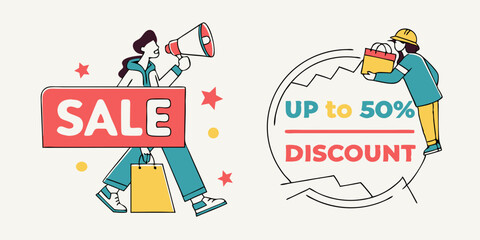 Flat Design Sale Stickers Up to 50% Discount Vector Illustration