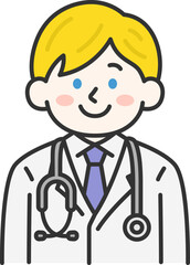白衣を着て聴診器をつけた、白人の男性医師（線画カラー）のイラスト