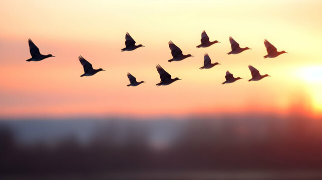 Silhouette of birds in flight against a bright, vibrant sunrise sky