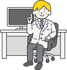病院の診察室の椅子に座っている、白人の男性医師（線画カラー）のイラスト