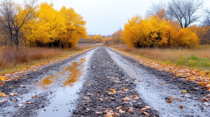Obraz premium Autumnal dirt road through a golden landscape. Puddle reflections on a country lane in the fall. Vibrant fall foliage lining a rural path