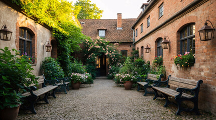 Fototapeta premium charming old fashioned garden featuring wooden seating aged bricks green leafy plants and peaceful countryside architectural details premium image europe urban beauty