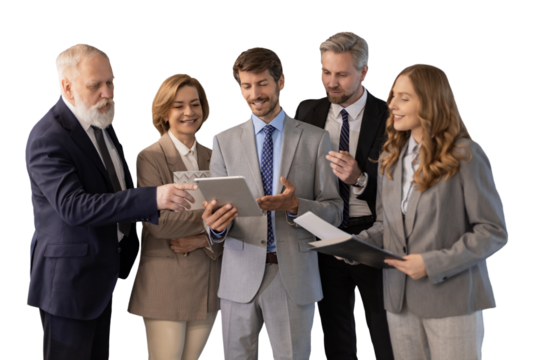 Business meeting - manager discussing work with his colleagues on a transparent background