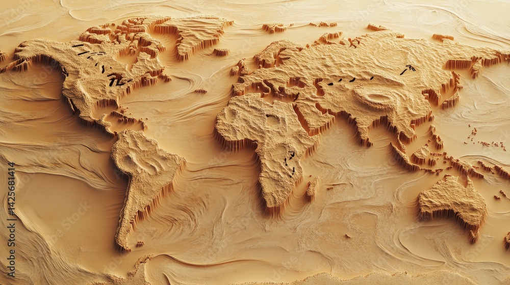 Aufkleber a desert-like world map where continents appear as sand dunes with wind patterns shaping the borders
