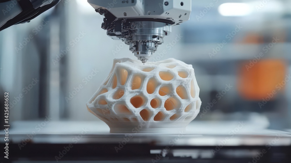 Poster a detailed 3d-printed object being created layer by layer by an advanced robotic arm, showcasing the