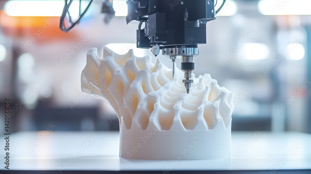 Poster a detailed 3d-printed object being created layer by layer by an advanced robotic arm, showcasing the