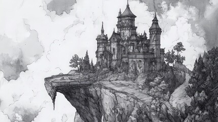 A detailed ink illustration of an enchanted castle, surrounded by a mysterious mist