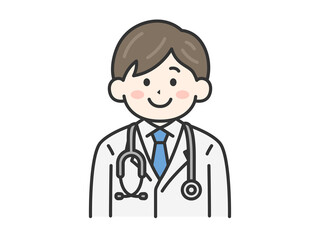 白衣を着て聴診器をつけた、男性医師（線画カラー）のイラスト