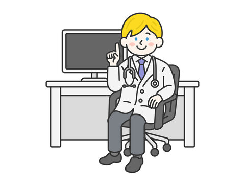 recommend clip art: 病院の診察室の椅子に座っている、聴診器をつけた、白人の男性医師（線画カラー）のイラスト