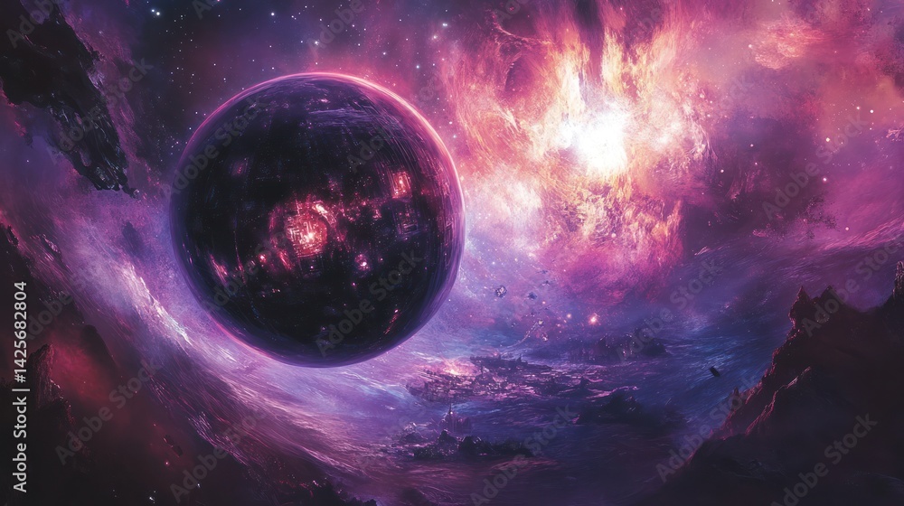 Canvas Prints a celestial scene depicts a planet with vibrant cosmic elements