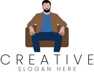 Stylish Man Sitting Brown Chair Creative Logo Design blue icon flat calm pose male beard  