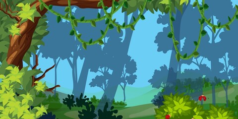 Lush Jungle Scene with Vibrant Colors and Silhouettes