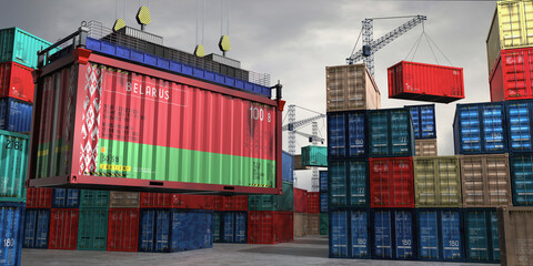 Fototapeta premium Cargo container with flag of Belarus lifted by crane at freight terminal - 3D illustration