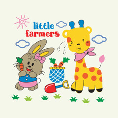 rabbit and giraffe become small farmers,vector cartoon illustration