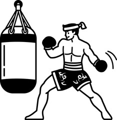 black and white single icon of Muay Thai boxer punching a boxing sandbag
