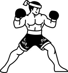 black and white illustration of a thai boxer