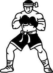 black and white single illustration of a thai boxer