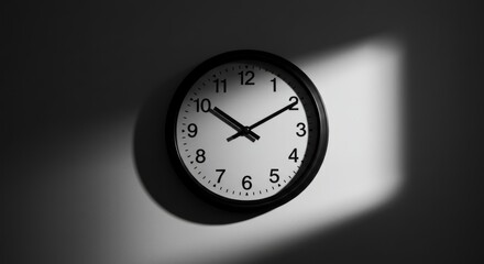 Minimalist wall clock in black and white style with dramatic lighting, representing last minute, with copy space