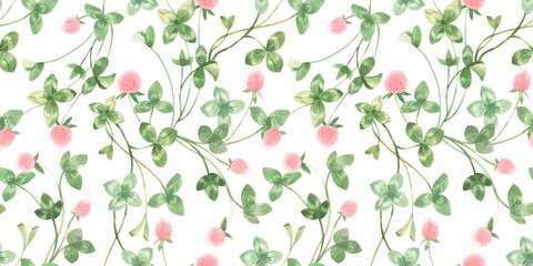 Watercolor Clover Pattern with Pink Flowers