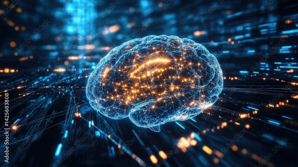 Poster a digital brain glowing with ai-powered data streams, connected to a vast communication network span