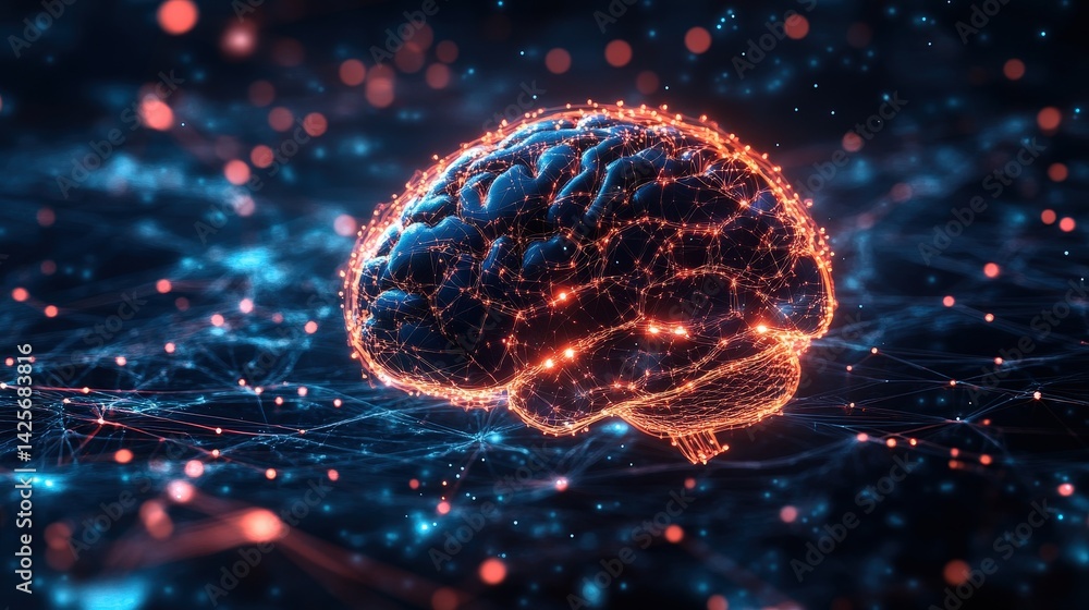 Poster a digital brain glowing with ai-powered data streams, connected to a vast communication network span