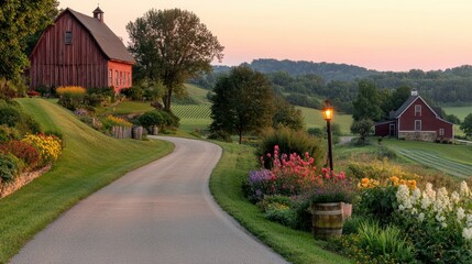 Fototapeta premium Picturesque country road with beautiful flowers near red barns