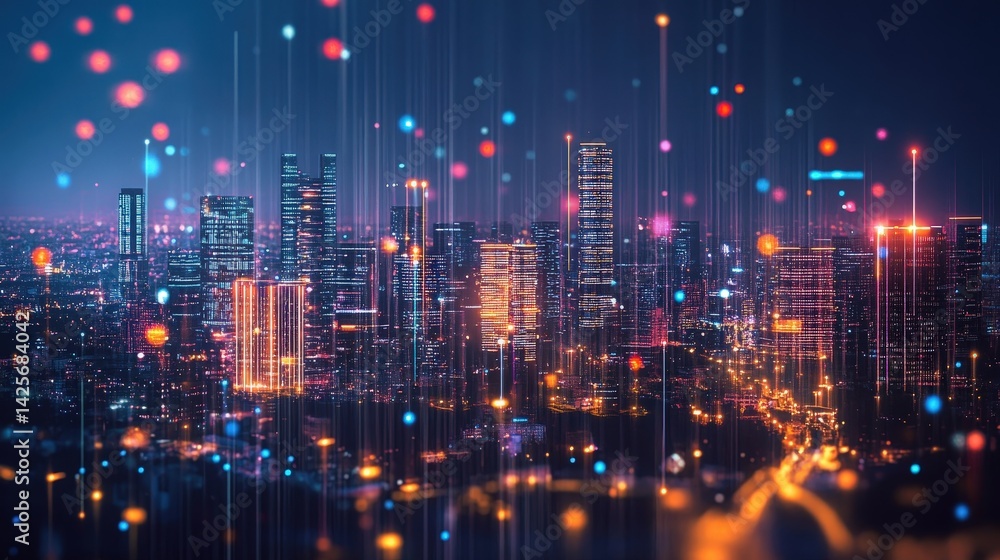 Poster a digital city illuminated by big data streams, representing smart technology and ai-driven insights