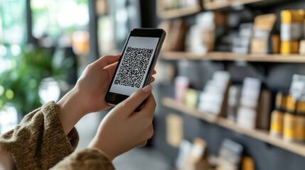 Woman utilizing QR code on mobile to explore organic product details online