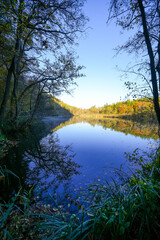 Landscape at the Seehofweiher pond in the Porzbach Valley. Waters along the Porzbach stream in the forest. Autumnal nature at the bathing lake.
