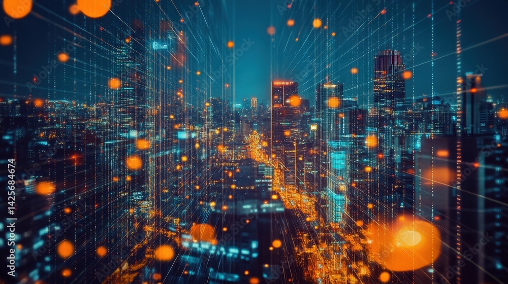 Poster a digital city illuminated by big data streams, representing smart technology and ai-driven insights