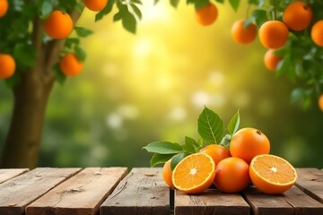 Fresh orange on wood table with blurred orange tree background with copy space. background for food mock up and presentation