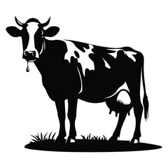 Black and White Cow Silhouette Illustration  Farm Animal Vector Art