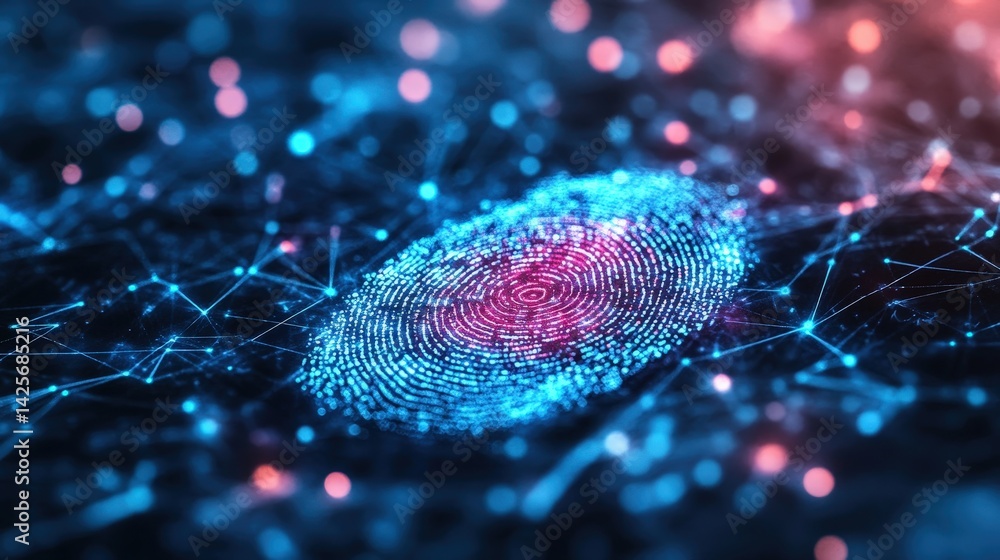Poster digital fingerprint surrounded by big data points, symbolizing personal data protection and cybersec