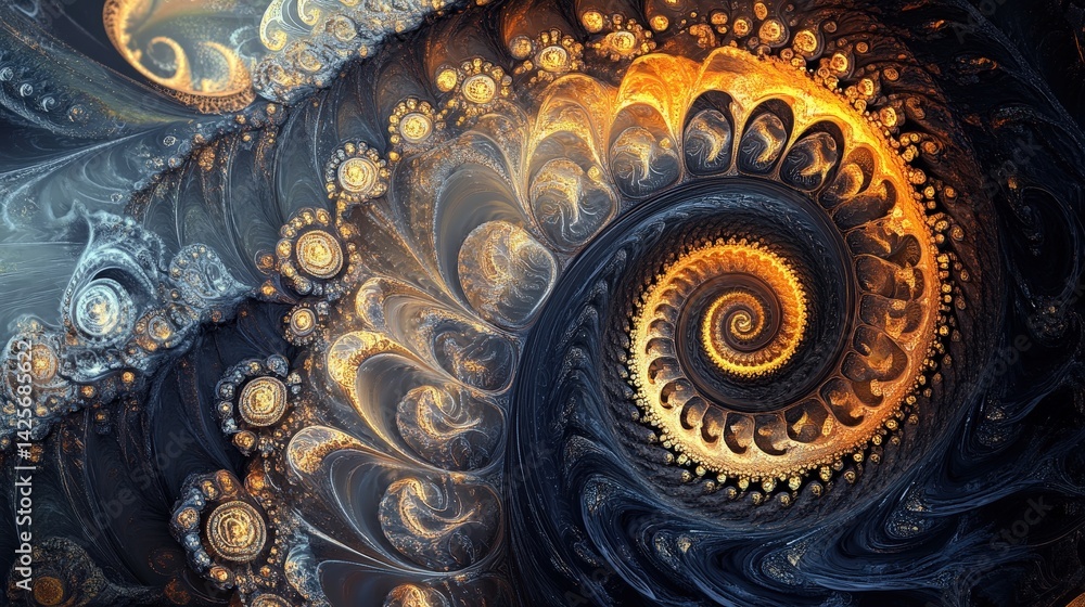 Poster digital fractal artwork with mesmerizing spirals and intricate patterns