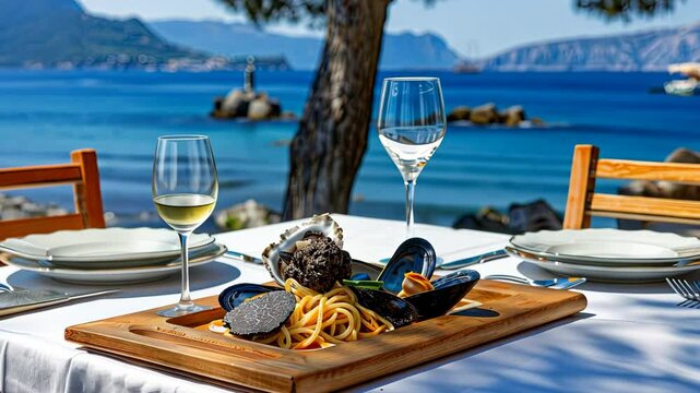 Delight in a beautifully presented seafood and pasta meal at a serene beachside location, complemented by fine wine and picturesque views