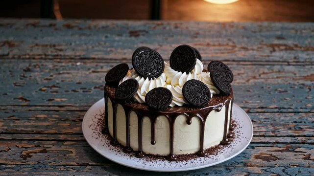 A rustic video shot of a chocolate-drizzled cake topped with cookies, captured from a side angle on a weathered wooden table.